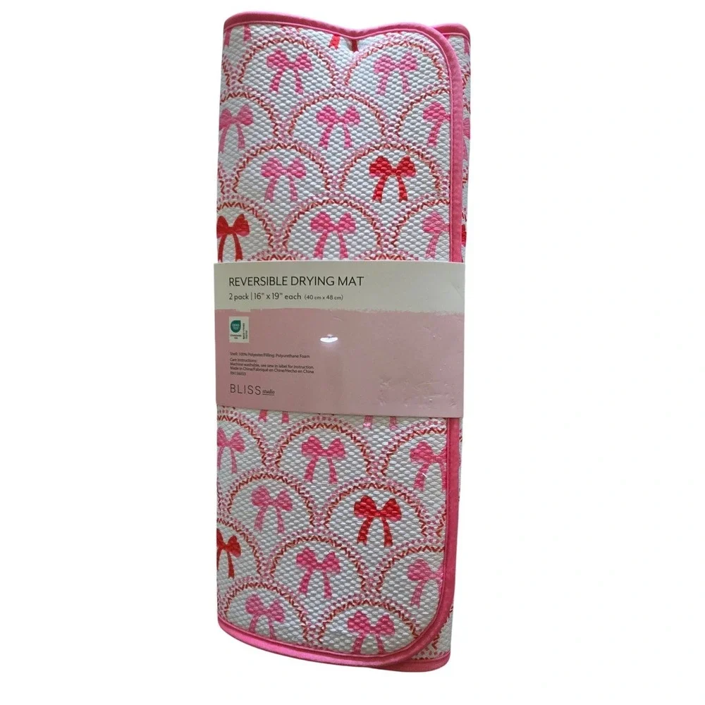 Bliss Studio Reversible Drying Mat 2 Pack Pink New Bow Print 16x19 Kitchen Decor